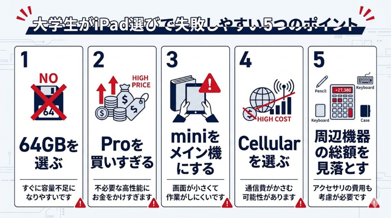 大学生がiPad選びで後悔しやすい5つの失敗ポイントをまとめた図解
