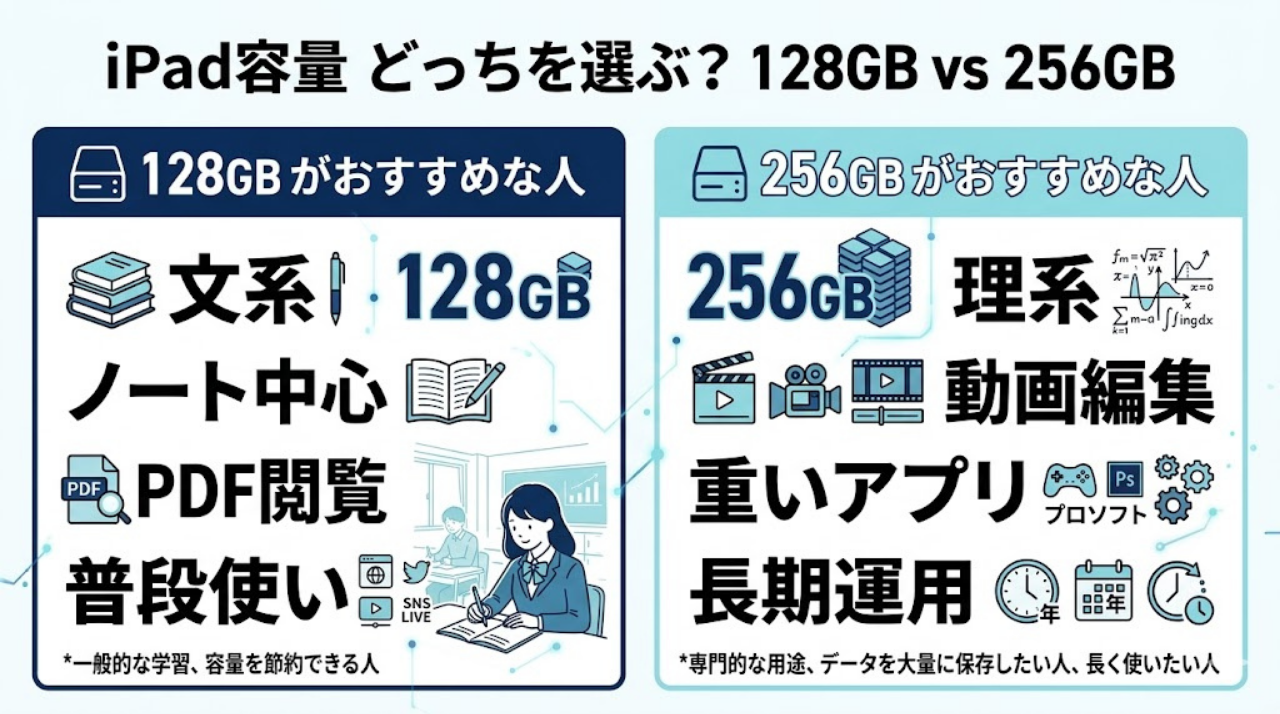 大学生向けに128GBと256GBのiPad容量の違いを比較した図