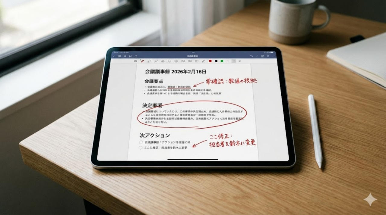 Apple Pencilで議事録に赤入れして構造を整理しているiPad仕事術の実例
