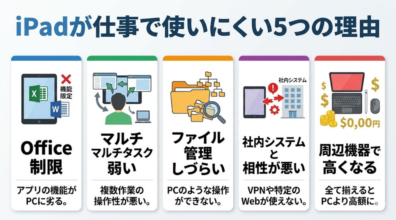 iPadが仕事で使いにくい5つの理由を一覧化したインフォグラフィック