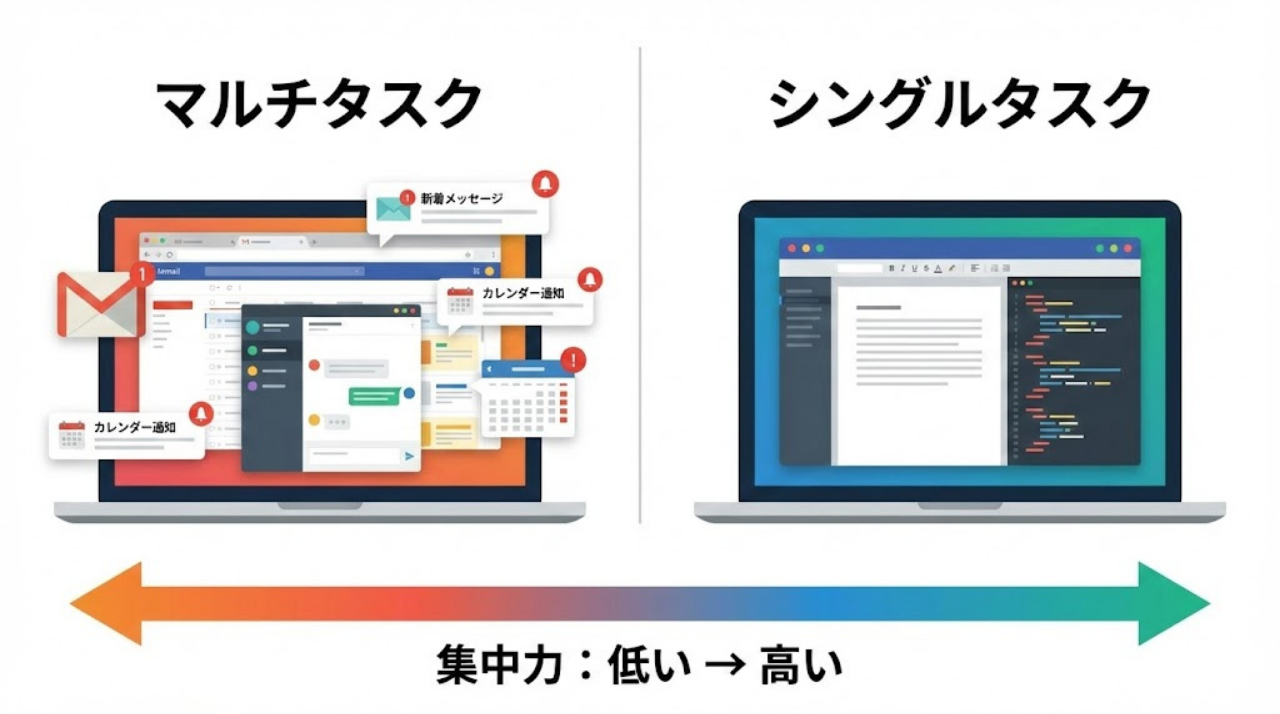 マルチタスクとシングルタスクの集中力比較図