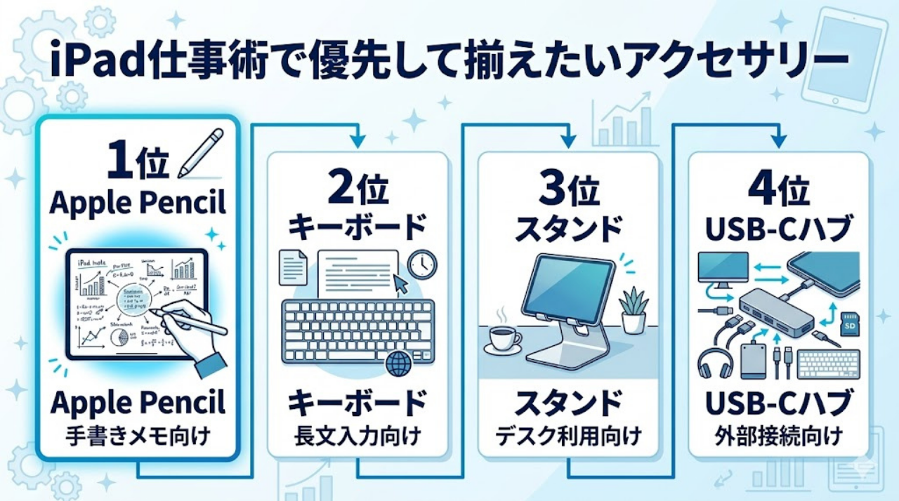 iPad仕事術で優先して揃えたいアクセサリーの順番をまとめた図