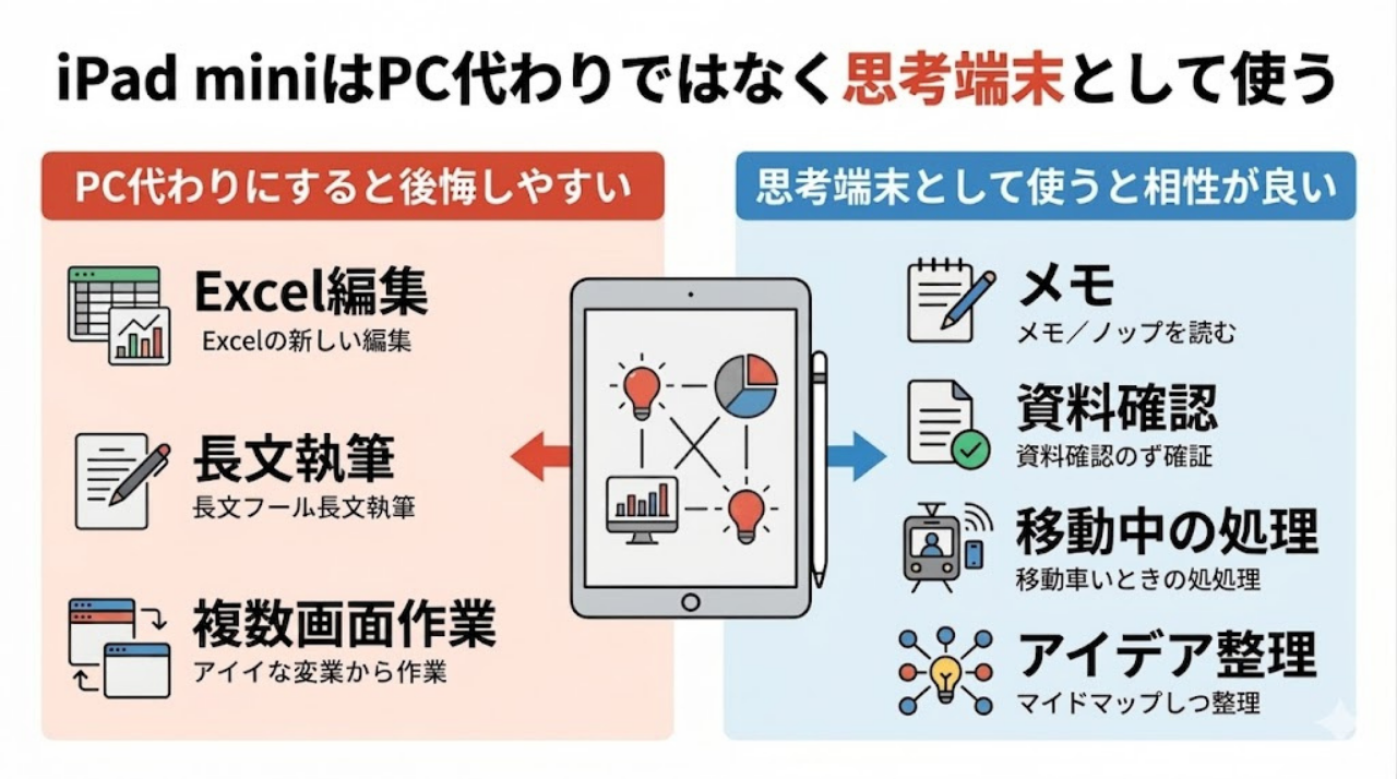 iPad miniはPC代わりではなく思考端末として使うと相性が良いことを示す比較インフォグラフィック