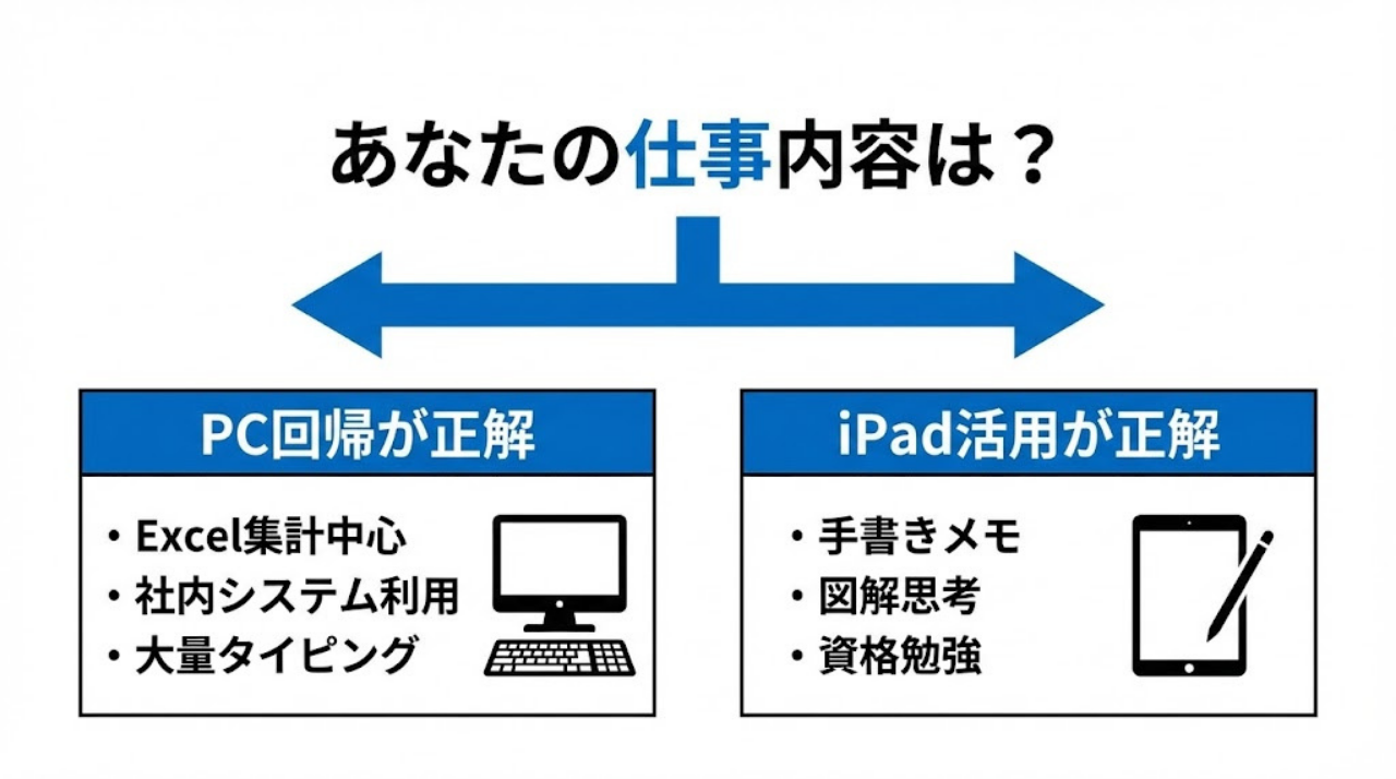 iPadを使い続けるかPCに戻るかの分岐図