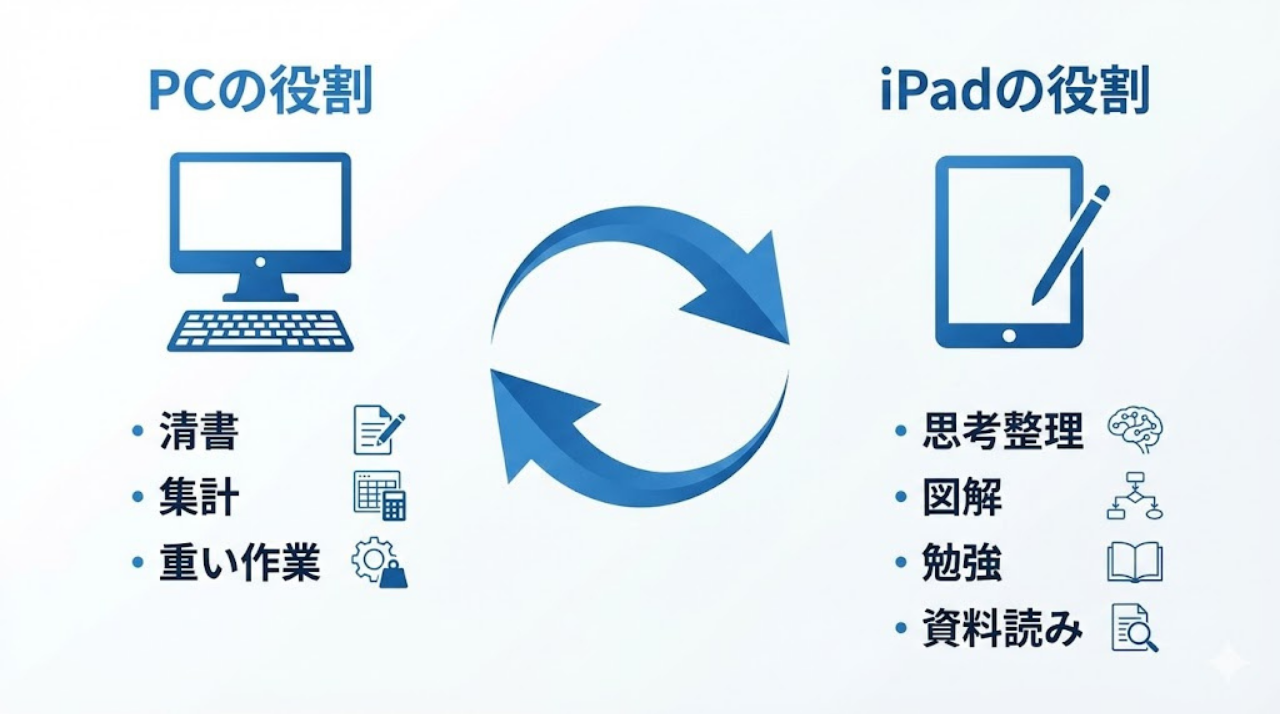 PCとiPadの役割分担を示した図