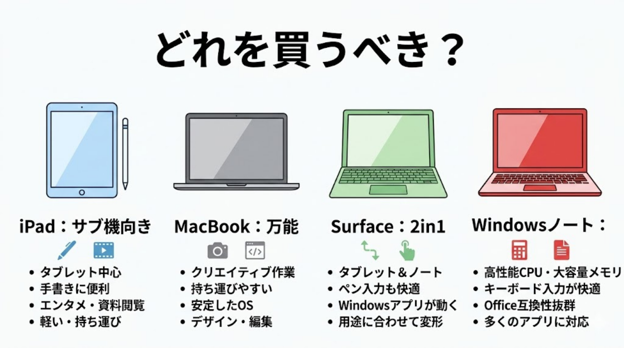 iPadとMacBookとSurfaceとWindowsノートPCの特徴を一目で比較した図