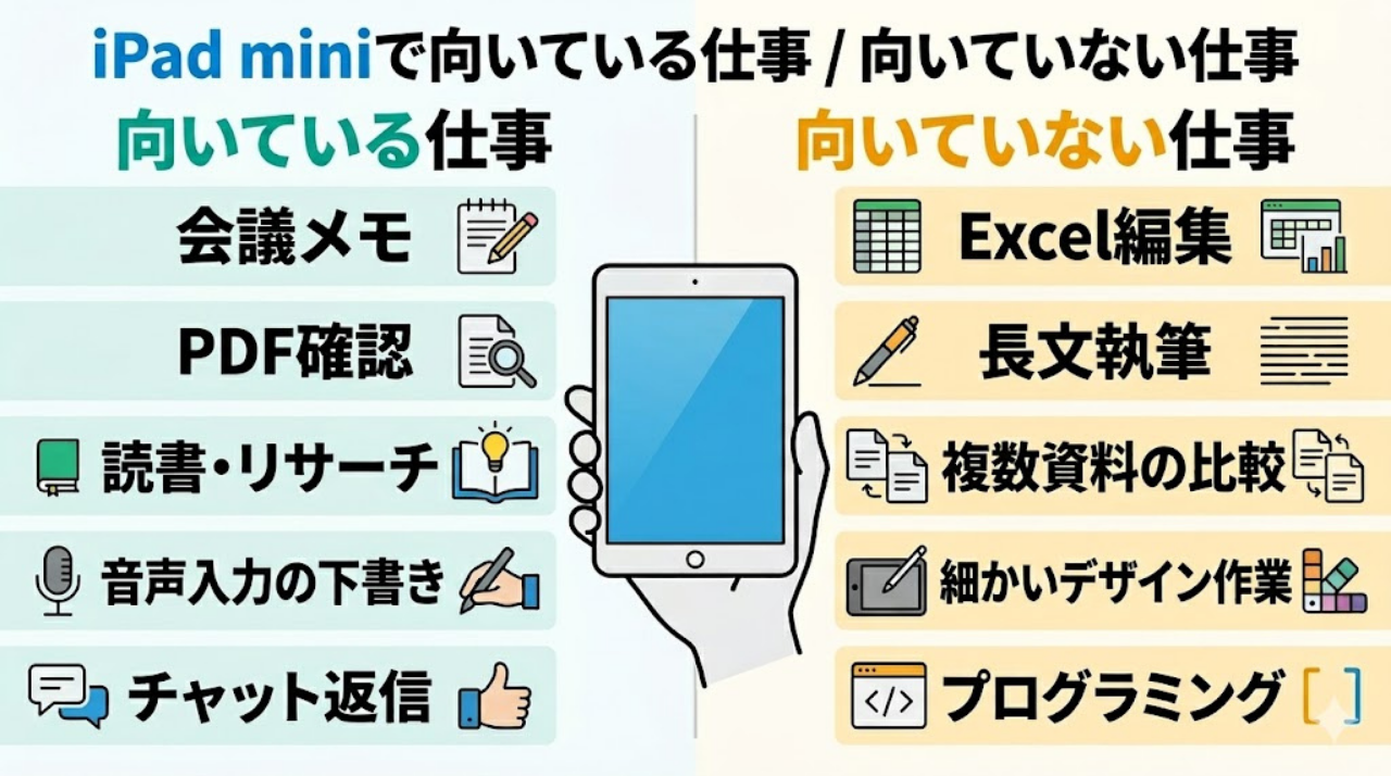 iPad miniで向いている仕事と向いていない仕事を一覧で示した日本語インフォグラフィック