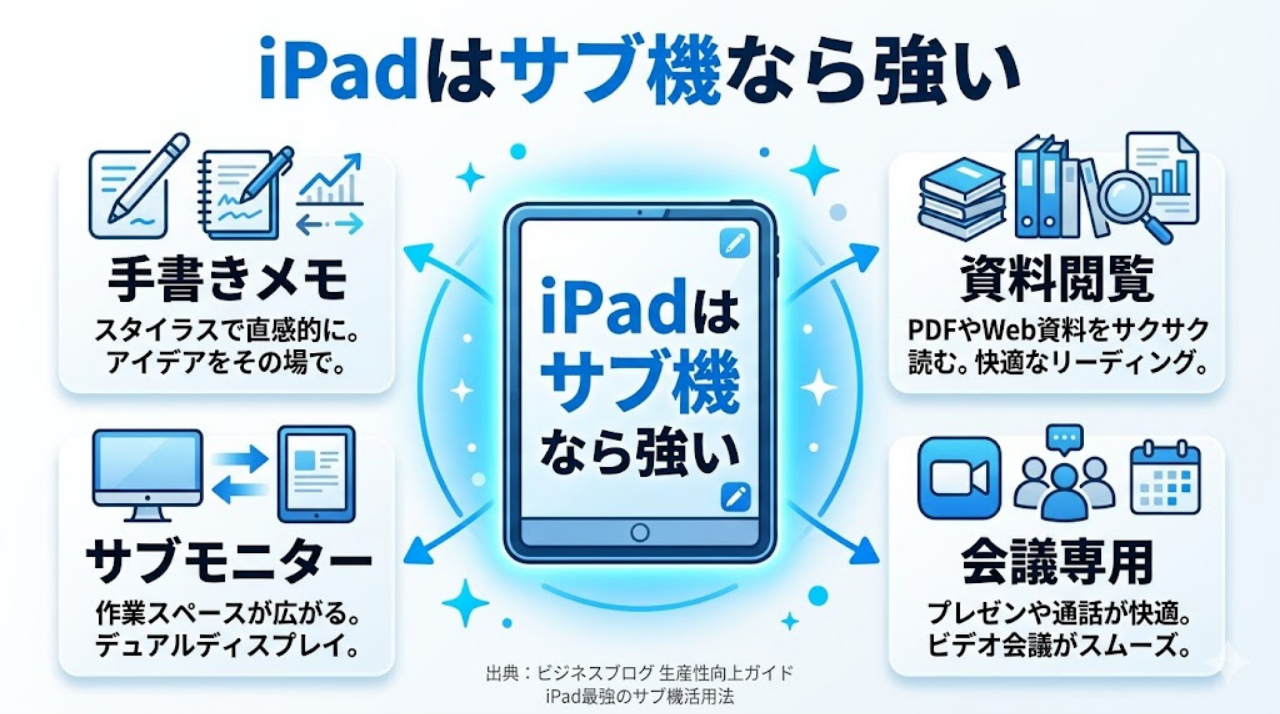 今あるiPadを手書きメモや資料閲覧などサブ機として活かす使い方を示した図