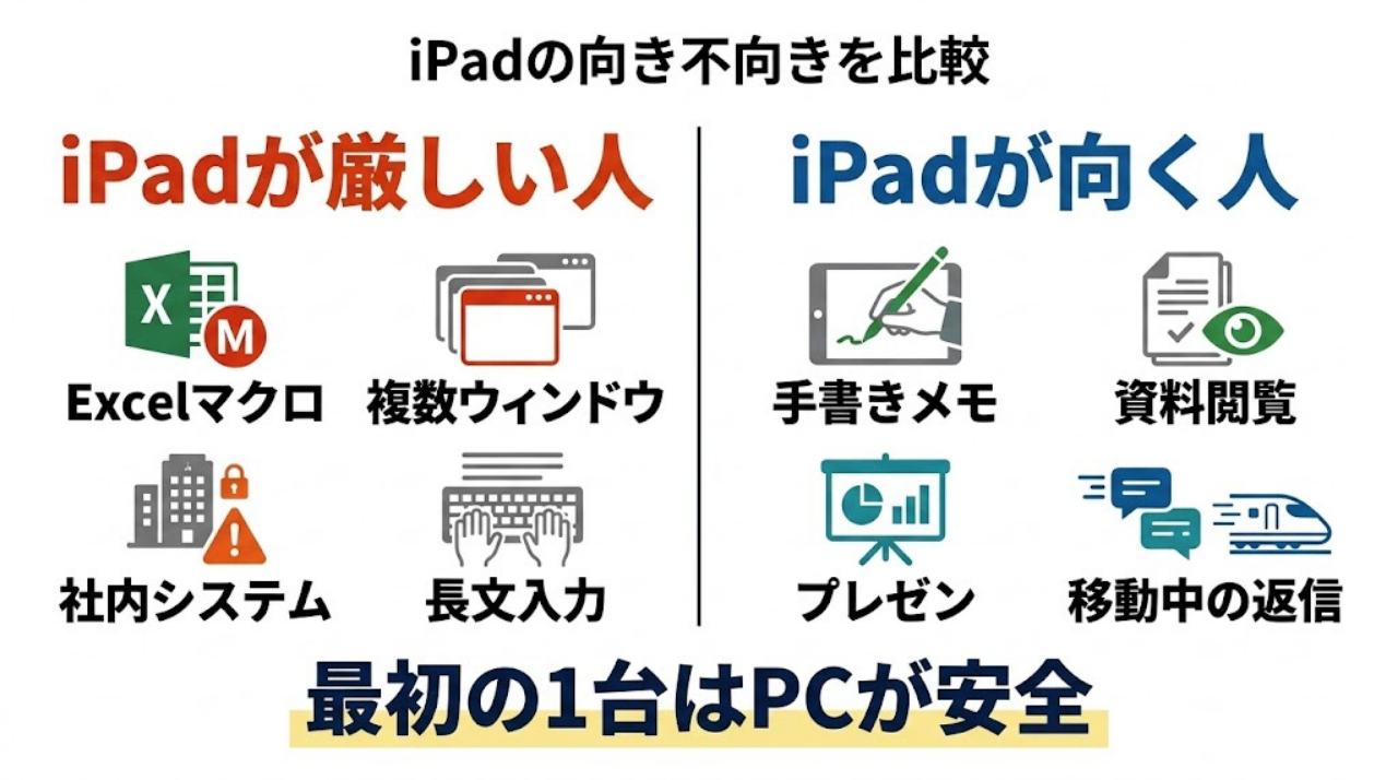 iPadが仕事に向かない人と向いている人の違いを左右で比較した分岐インフォグラフィック