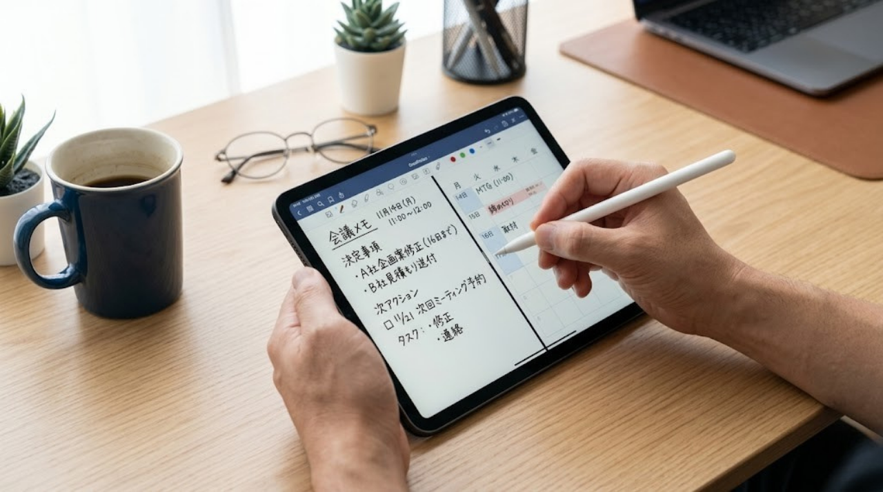iPad miniをノート代わりや手帳代わりに使う場面。手書きメモとカレンダーを表示した仕事用イメージ