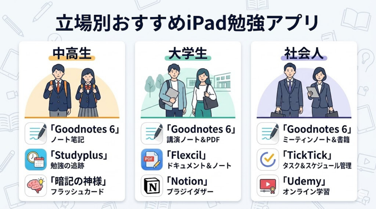 中高生、大学生、社会人でおすすめのiPad勉強アプリの組み合わせを比較した図