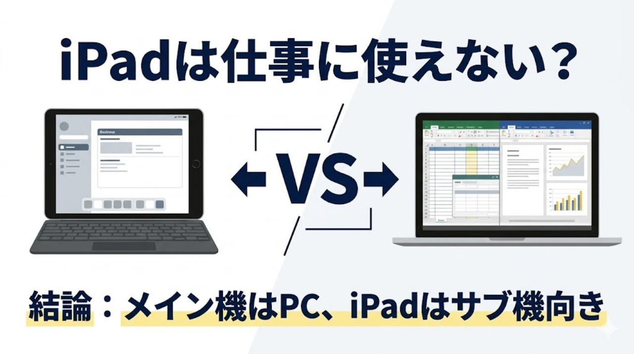 iPadとノートPCを比較し、iPadはサブ機向きでPCがメイン機向きと示したアイキャッチ画像