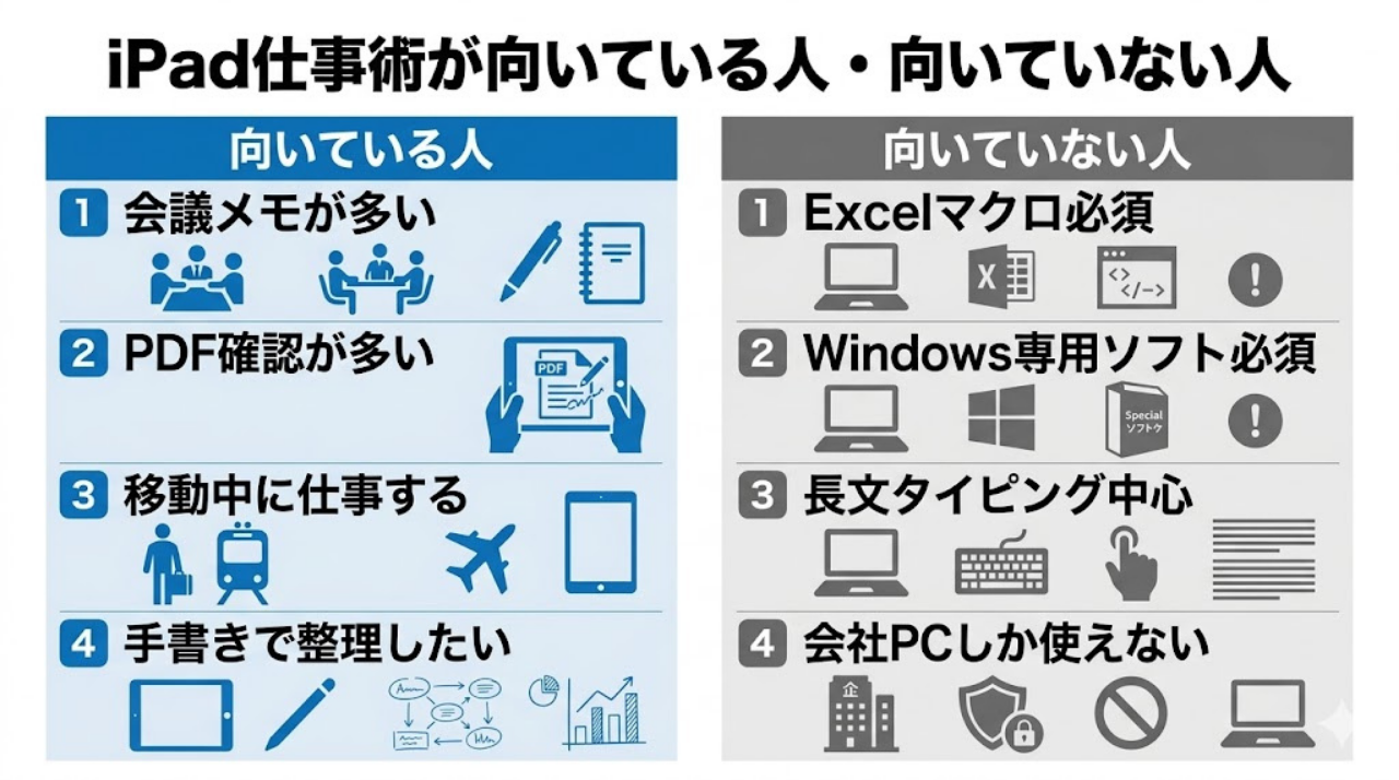 iPad仕事術が向いている人と向いていない人の比較図