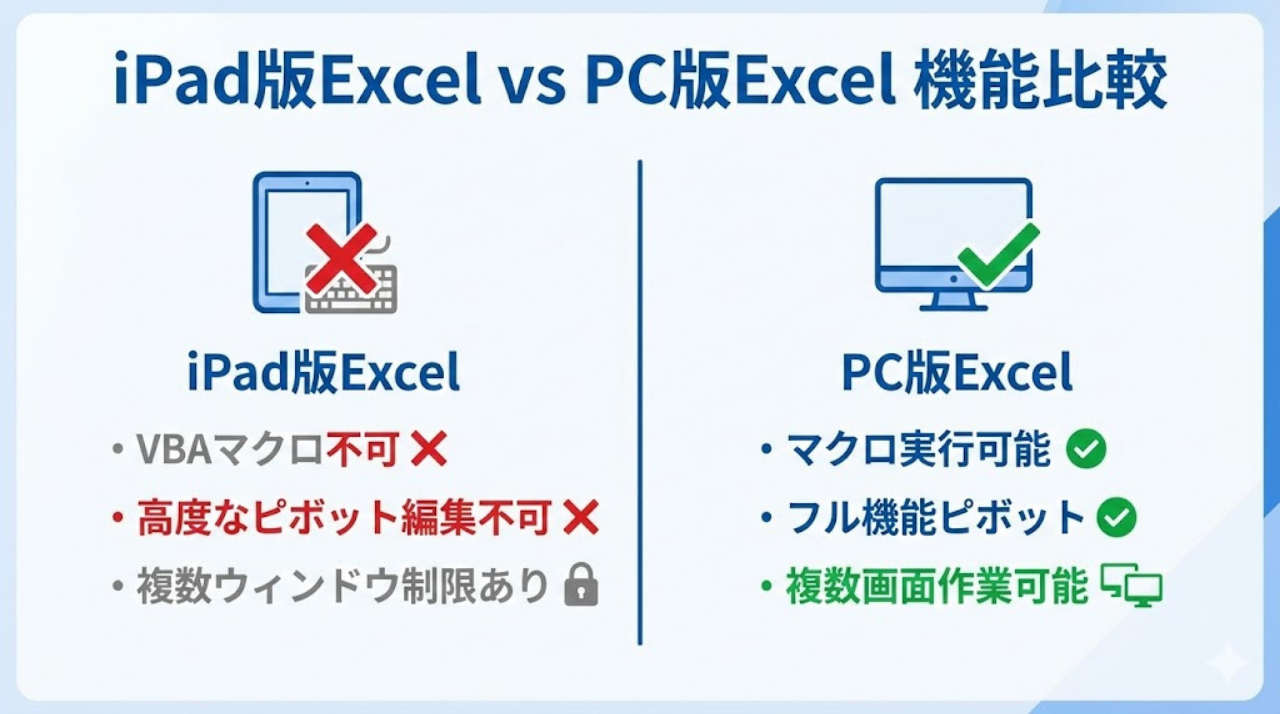 iPad版ExcelとPC版Excelの機能差比較図
