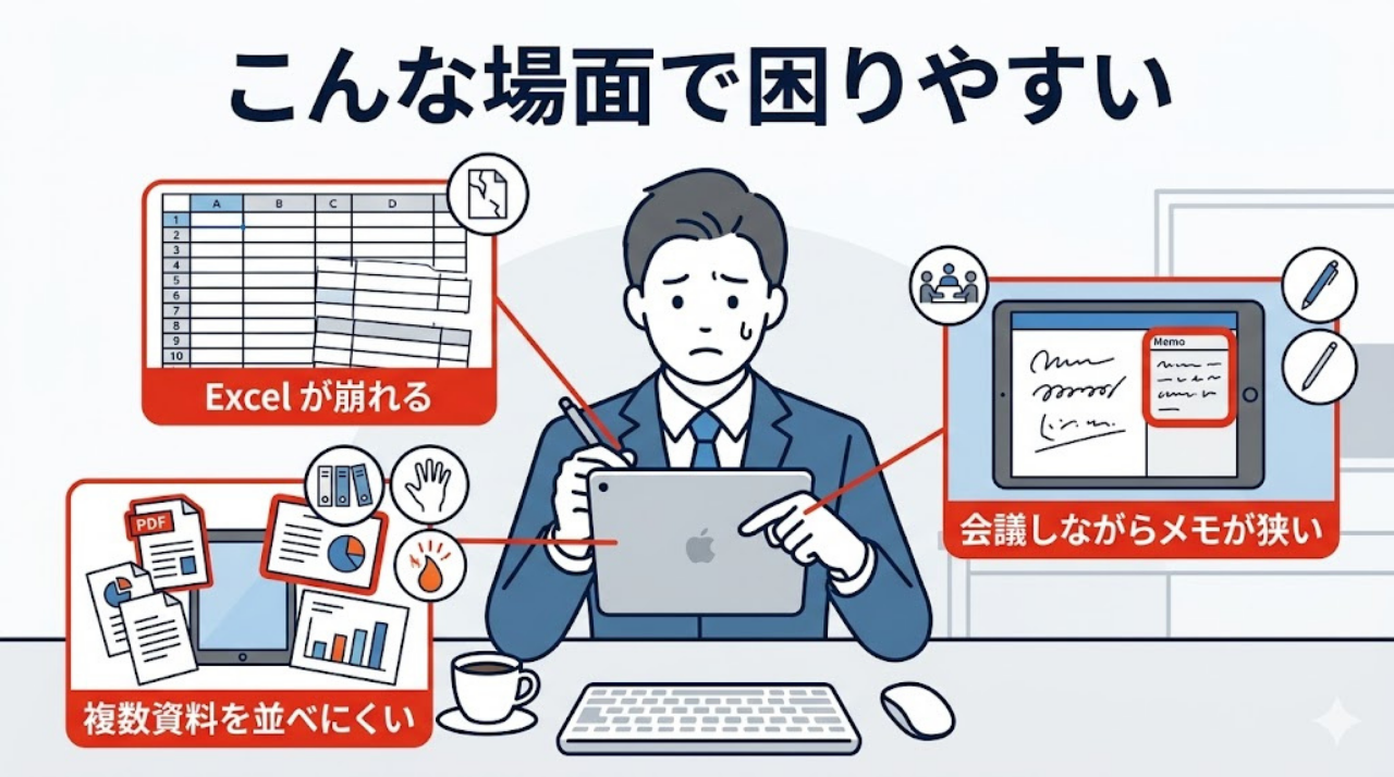 iPadで仕事中にExcelの崩れや画面分割の狭さに困る場面を表した画像
