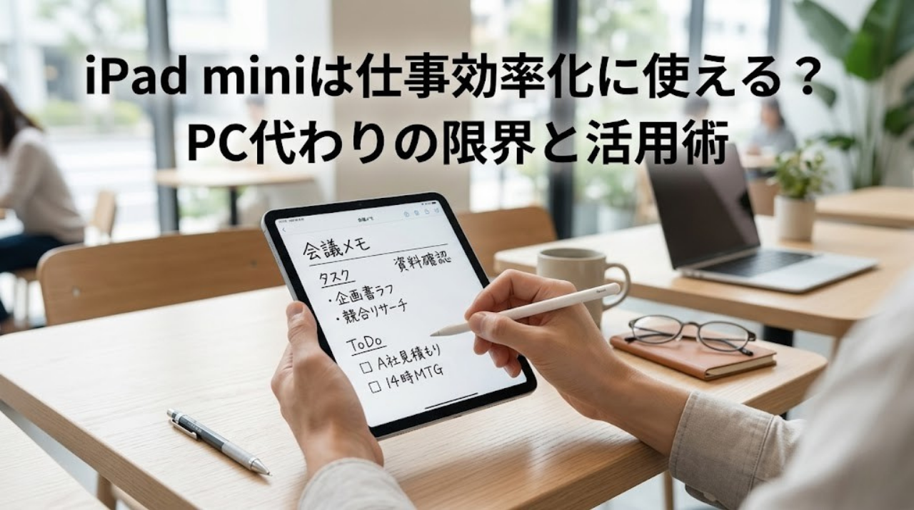 iPad miniを仕事効率化に使うイメージ。Apple Pencilとメモ画面、ノートPCとの役割分担を示すビジュアル