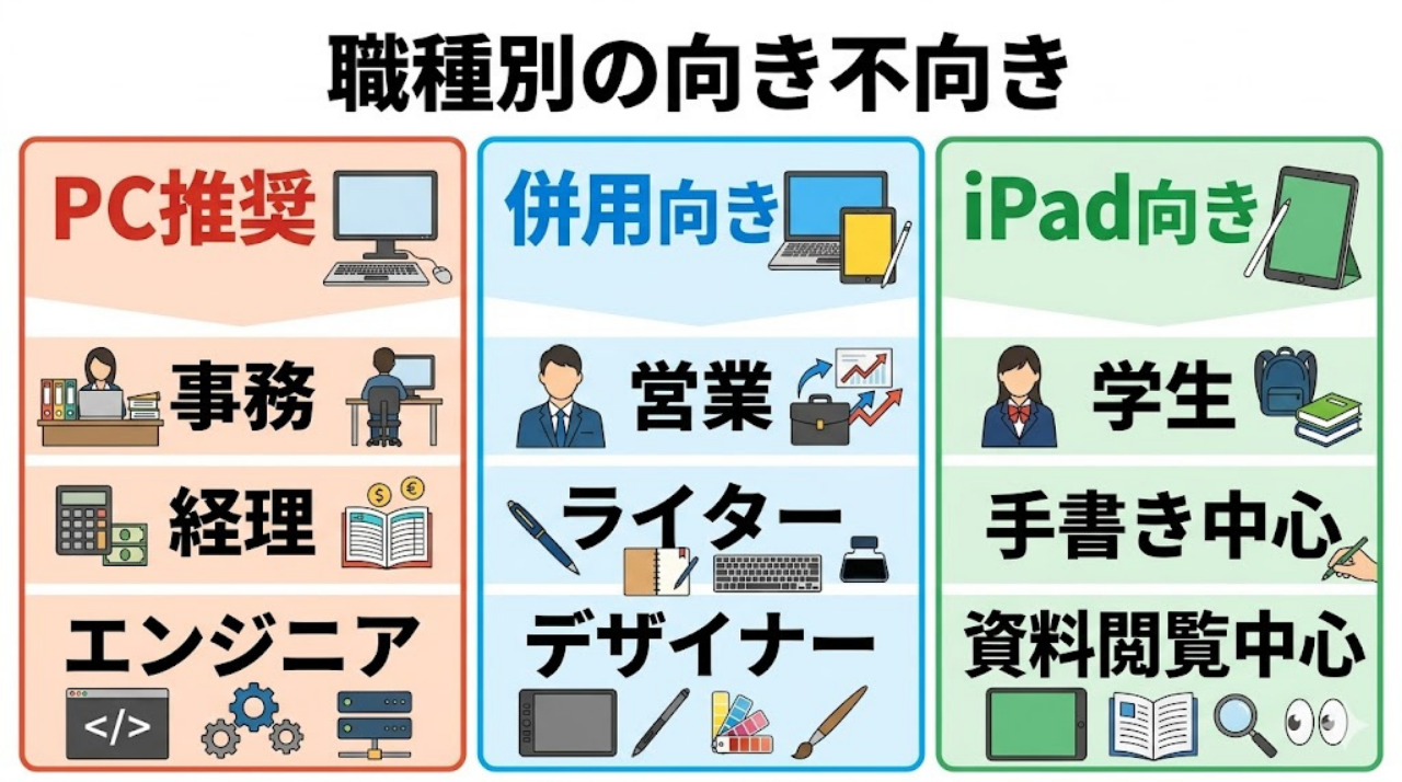 事務職や営業職など職種ごとにiPad向きかPC向きかを分類した図