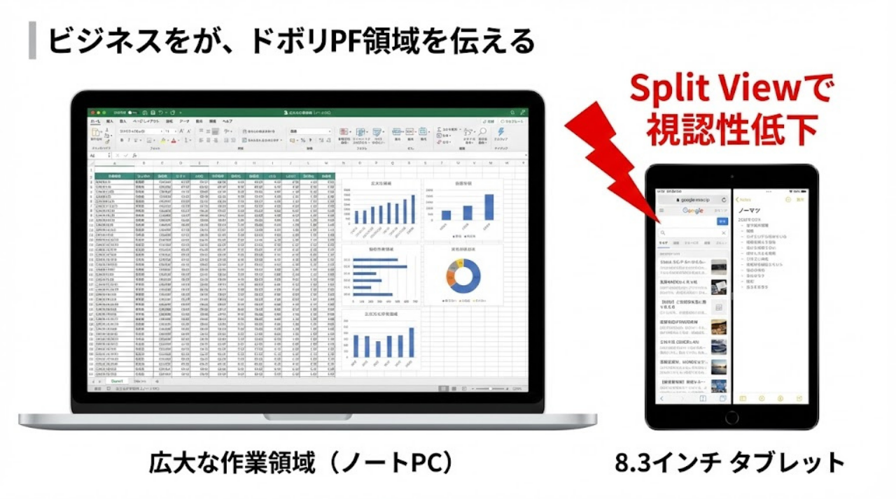 iPad miniでSplit Viewすると表示幅が狭くなる比較図