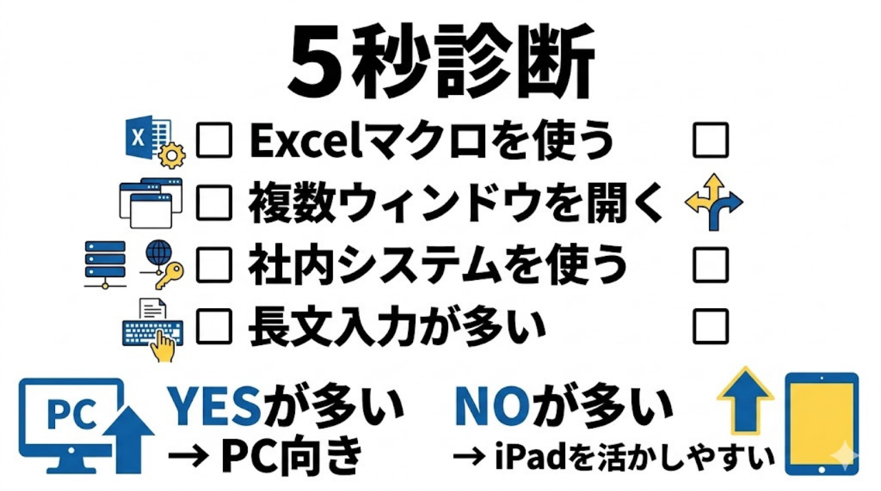 Excelや社内システム利用の有無からiPad向きかPC向きかを判断する5秒診断図