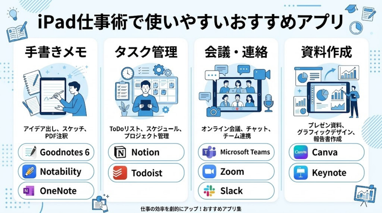 iPad仕事術で使いやすいおすすめアプリをカテゴリ別にまとめた図
