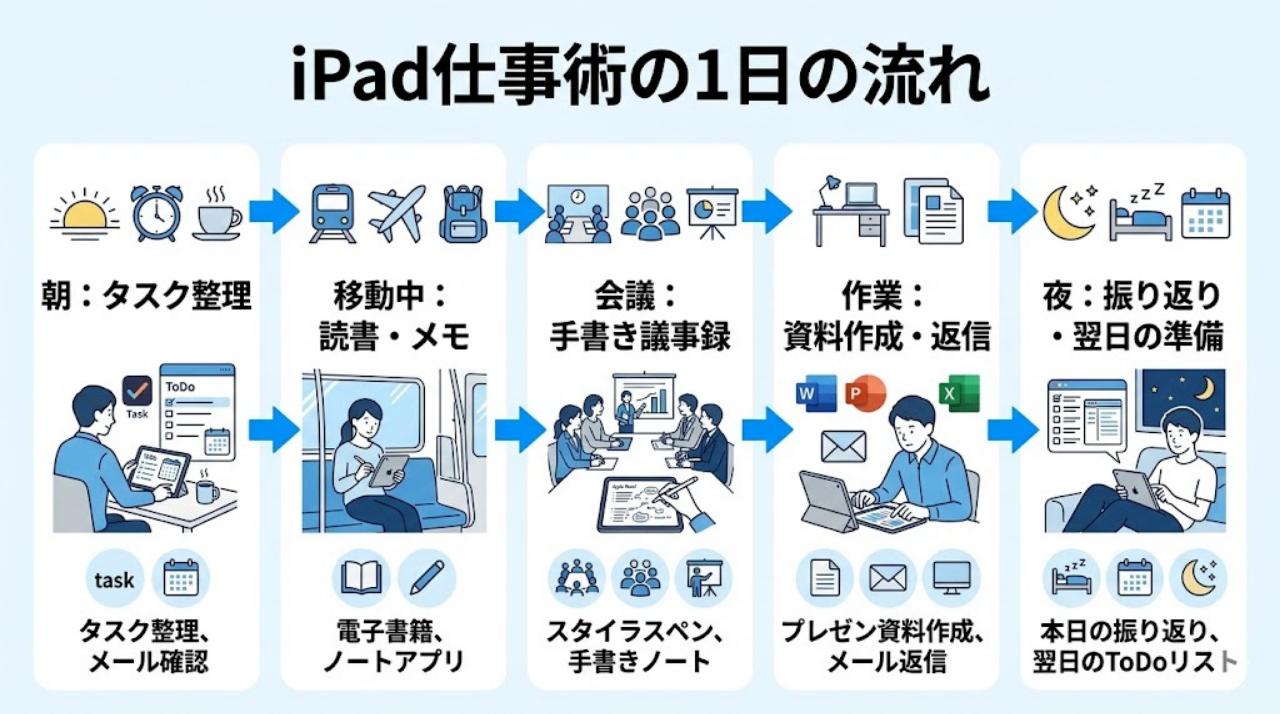 iPad仕事術の1日の使い方をまとめたワークフロー図