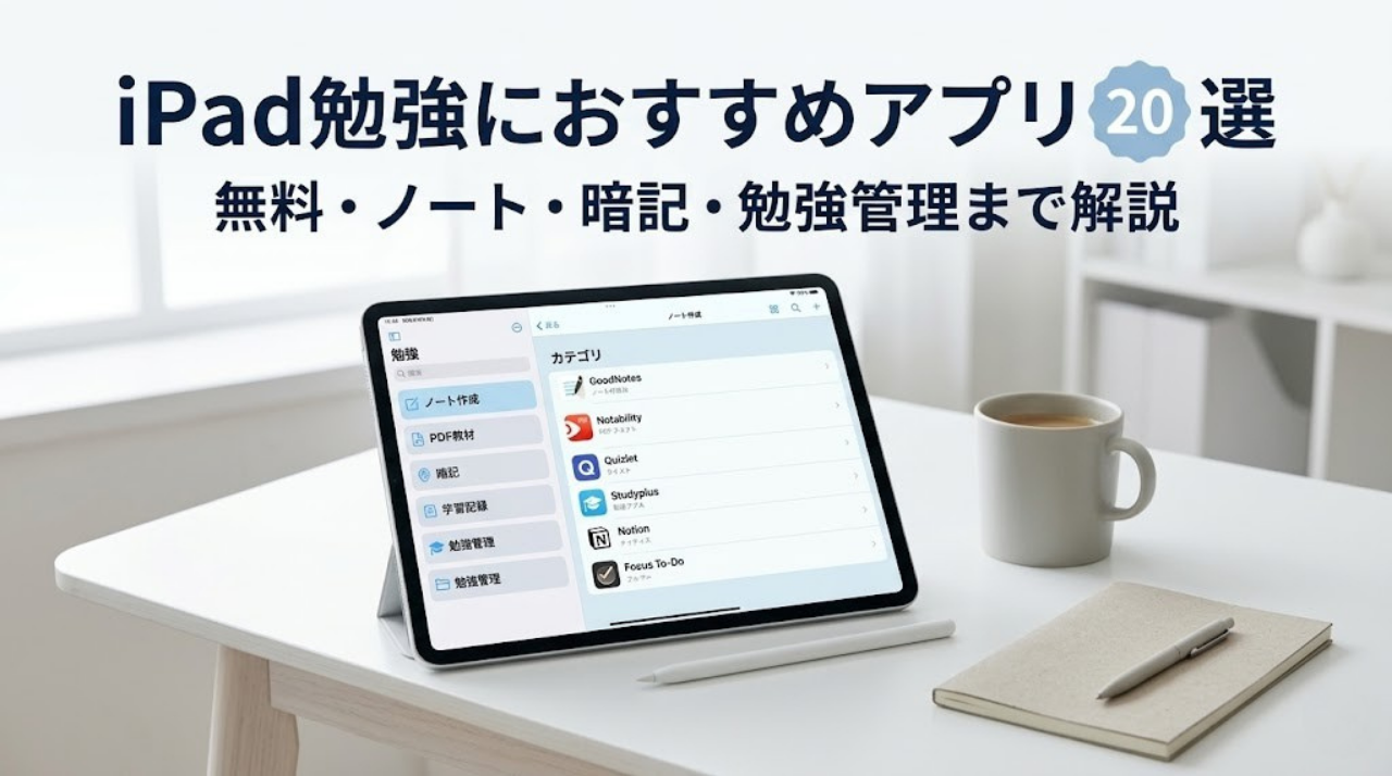 iPadでノートやPDF、暗記アプリを使って勉強するイメージ