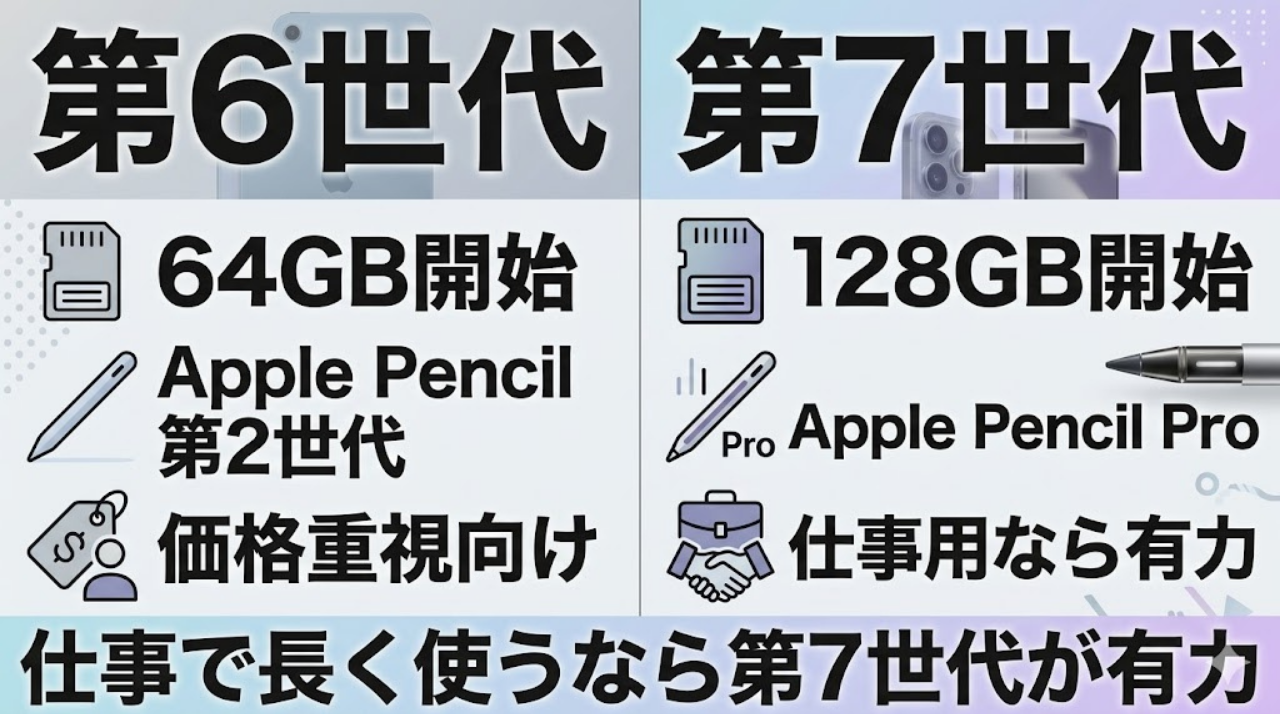 iPad mini第6世代と第7世代の仕事用比較を日本語で示したインフォグラフィック