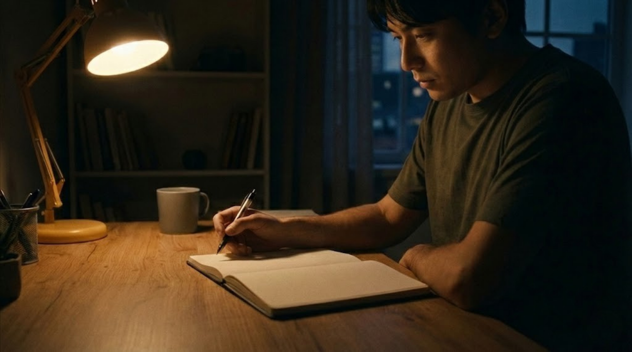 白紙のノートを前にペンが止まっている様子。不安と回避を象徴するイメージ