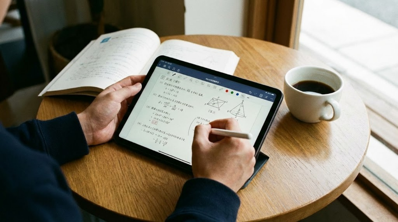 iPad Air 11インチ(256GB)でノートを取る大学生の勉強風景