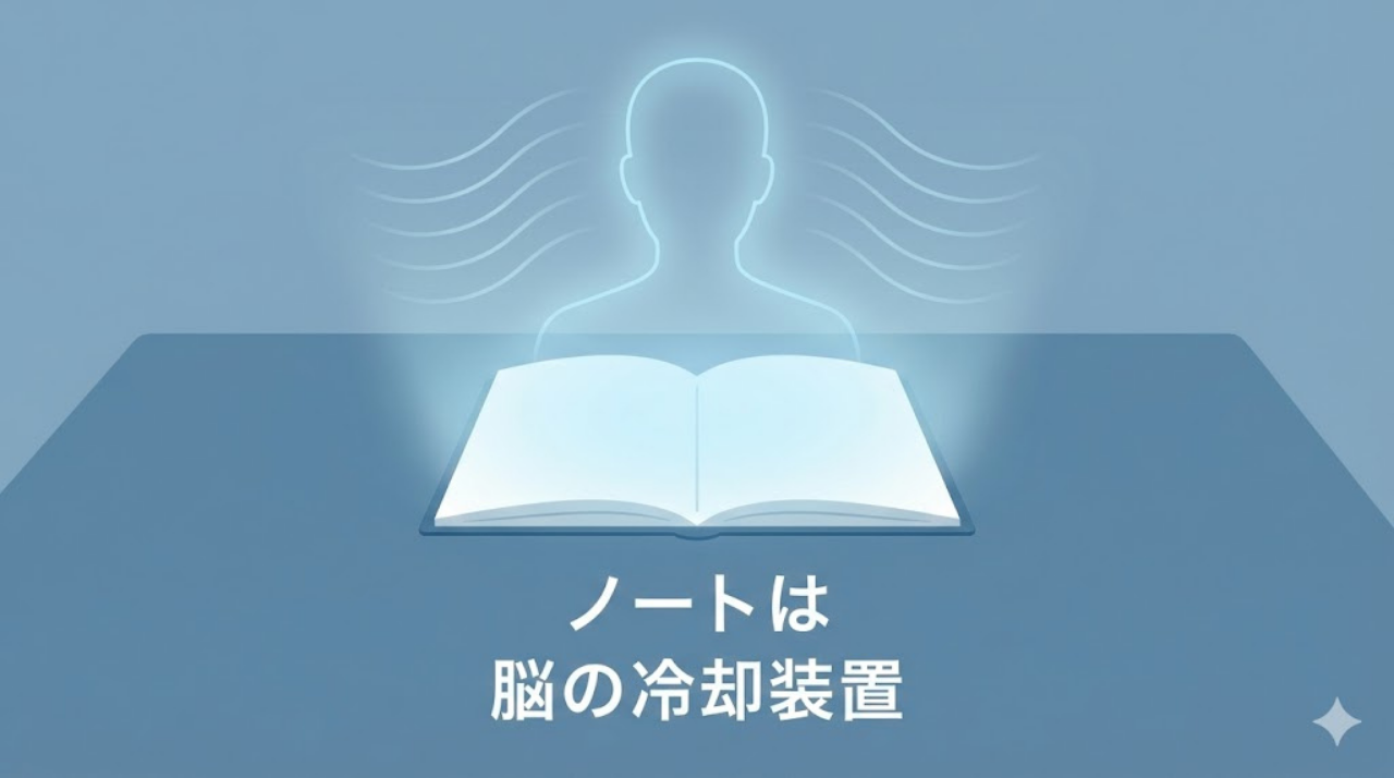 ノートが脳を冷却するイメージの思想的ビジュアル