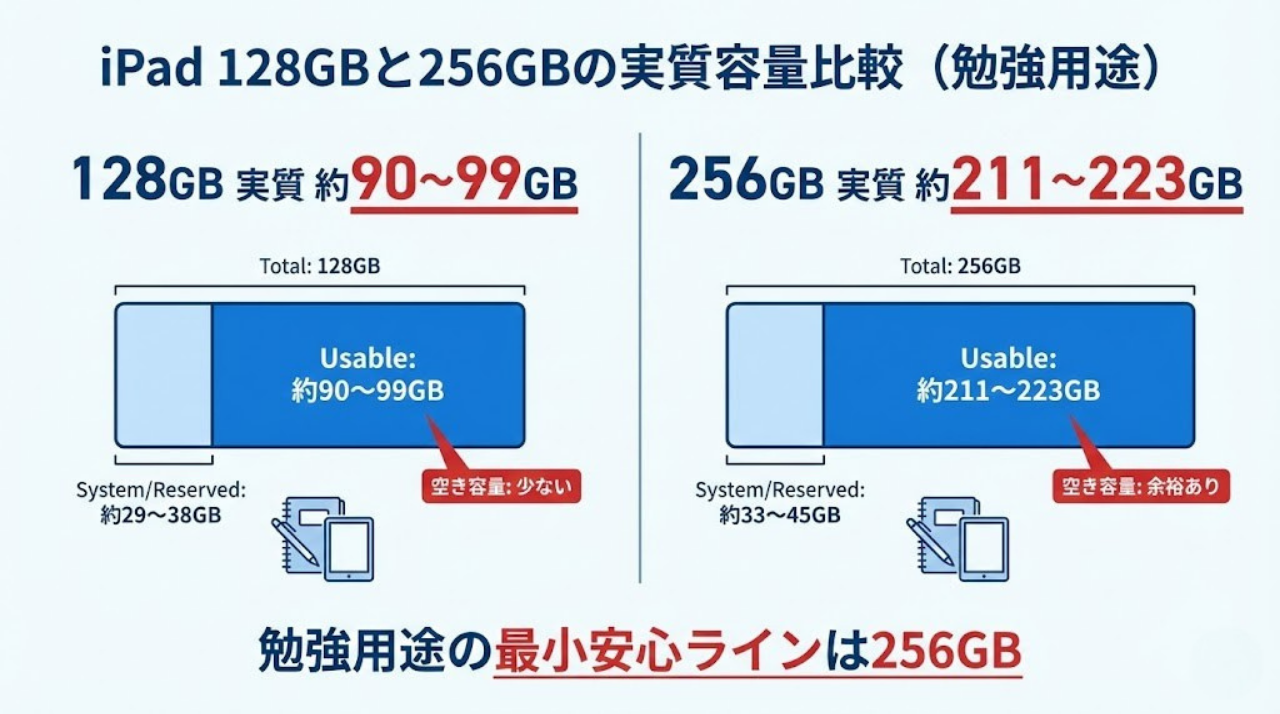 iPad 128GBと256GBの実質容量比較インフォグラフィック(勉強用途向け)