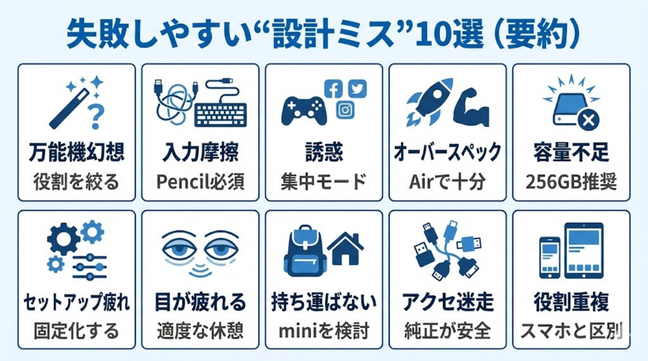 iPad勉強が続かない原因10パターンの要約図|万能機幻想・容量不足・誘惑・セットアップ疲れなど