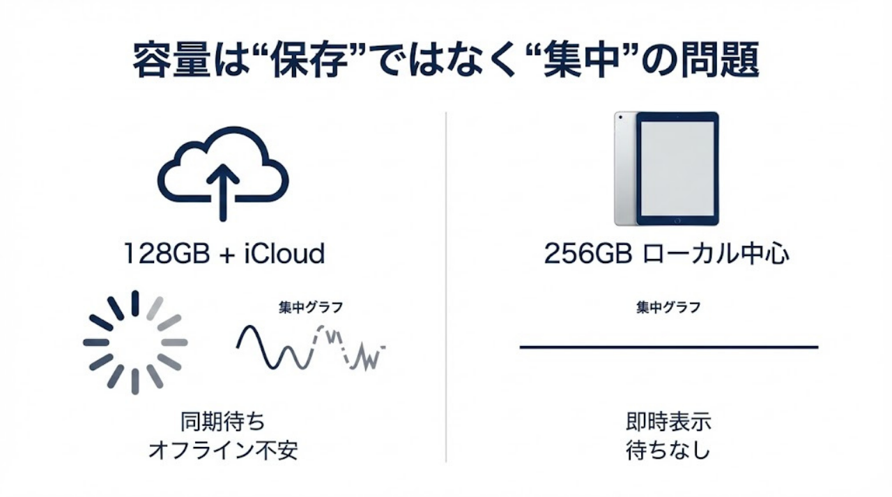iCloud依存の128GBとローカル保存中心の256GBで集中力の安定度を比較した図
