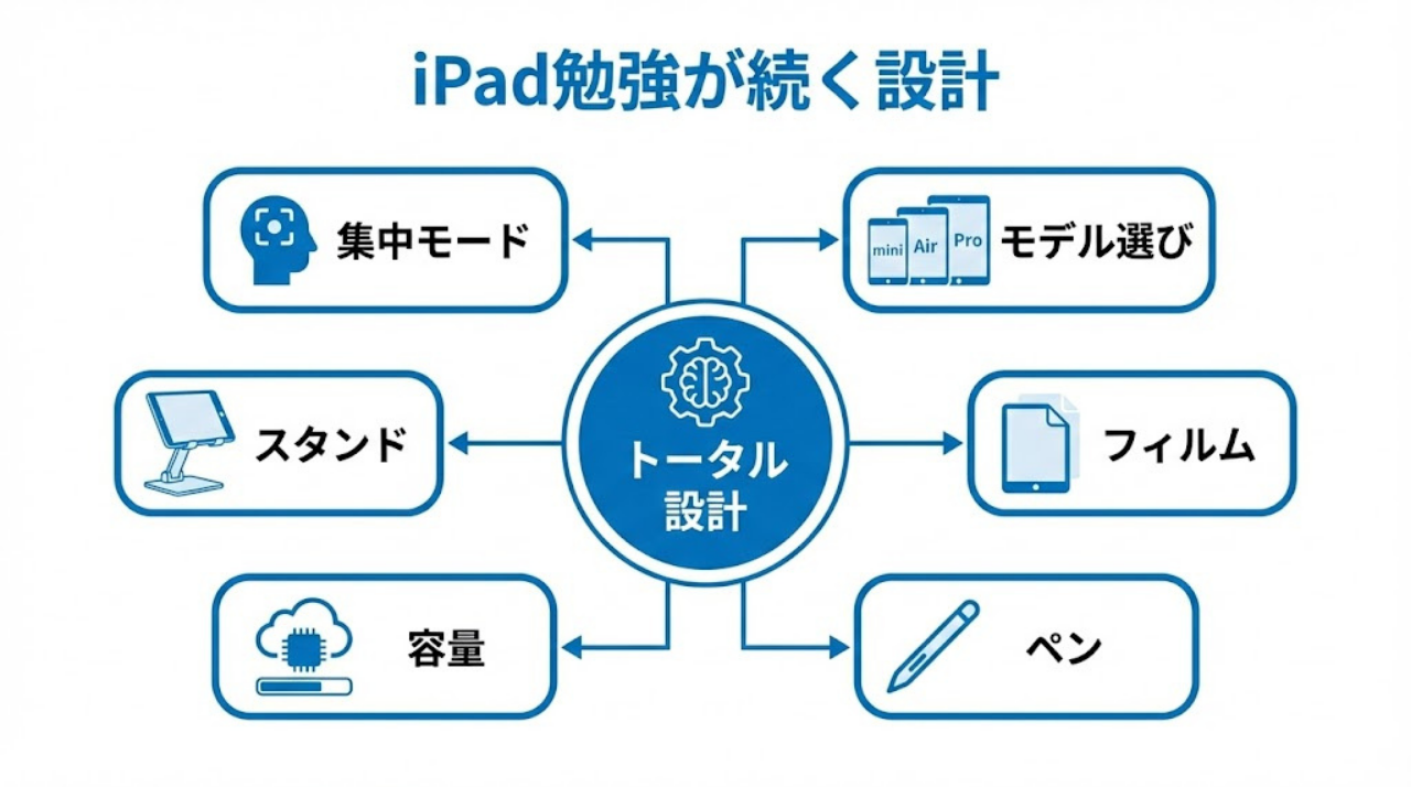 iPad勉強を続けるための全体設計要素をまとめた図解