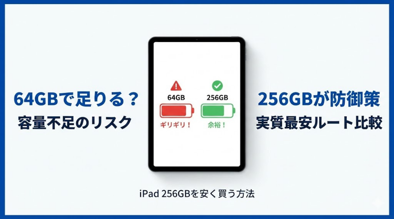 iPad 256GBを安く買う方法と64GBとの容量比較イメージ