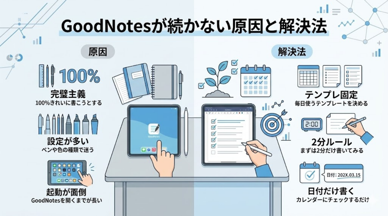 GoodNotesが続かない原因と習慣化のコツを解説する図解
