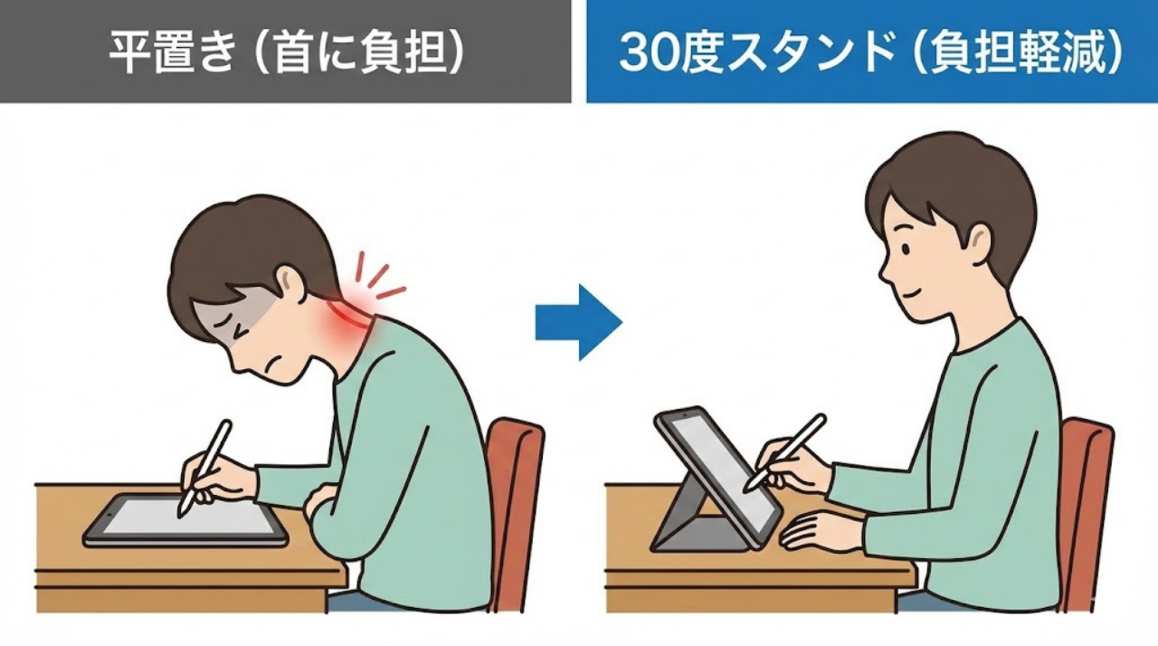 iPad平置きと30度スタンド使用時の姿勢比較図