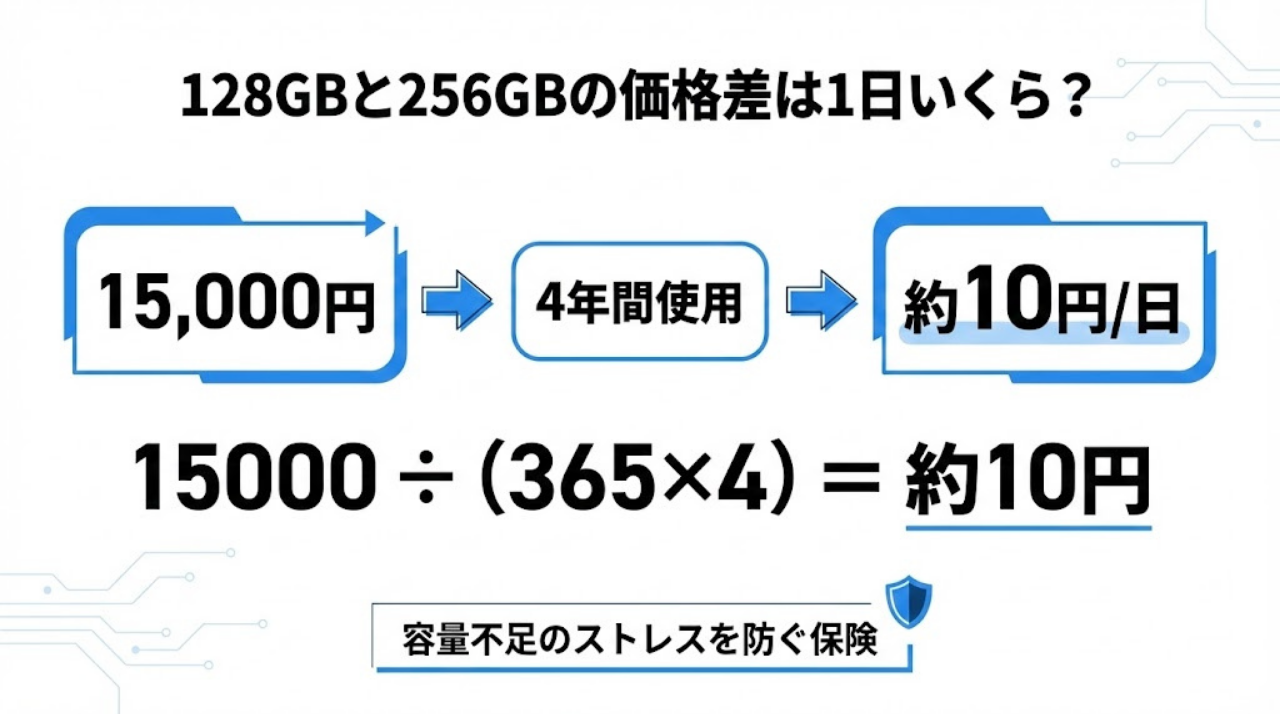 128GBと256GBの価格差は1日約10円という比較図