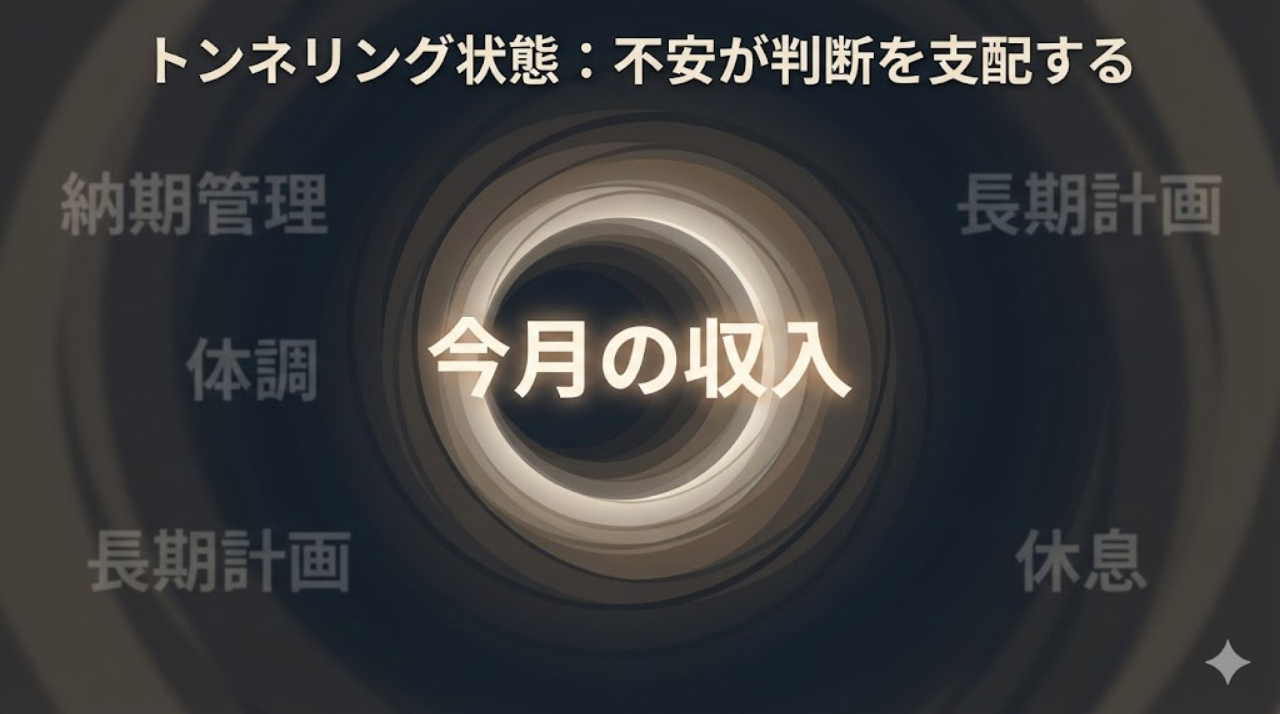 不安によって視野が狭くなり判断力が低下するトンネリング状態の図解