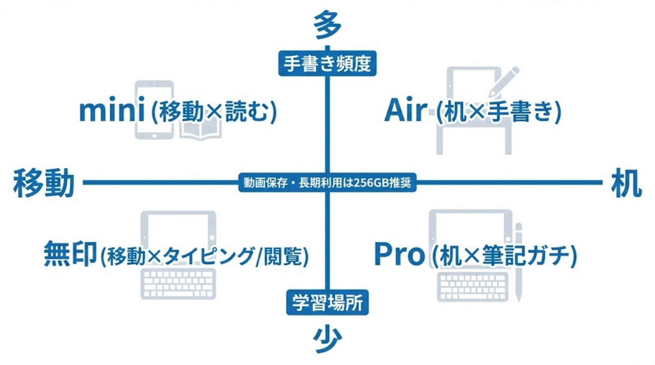 診断まとめ図|机×手書き×3年以上はAir、移動暗記はmini、筆記ガチはPro、予算重視は無印