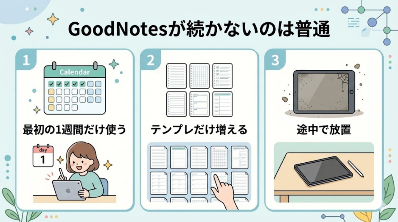 GoodNotesが続かない人に多いパターンを示した図