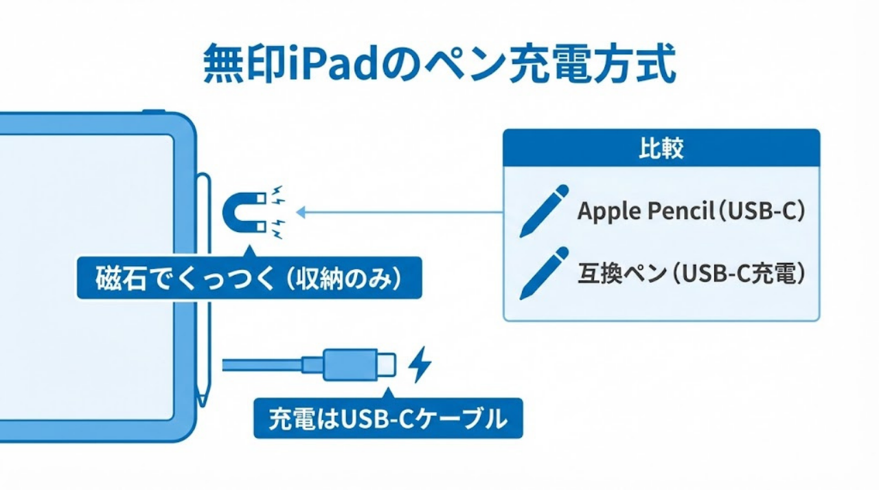 無印iPad対応ペンの充電方式を示した比較図（USB-C充電）