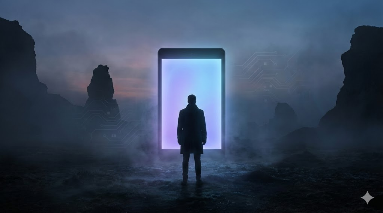 暗いデジタル空間で光るiPadと、不安を象徴する霧の中に立つ人物