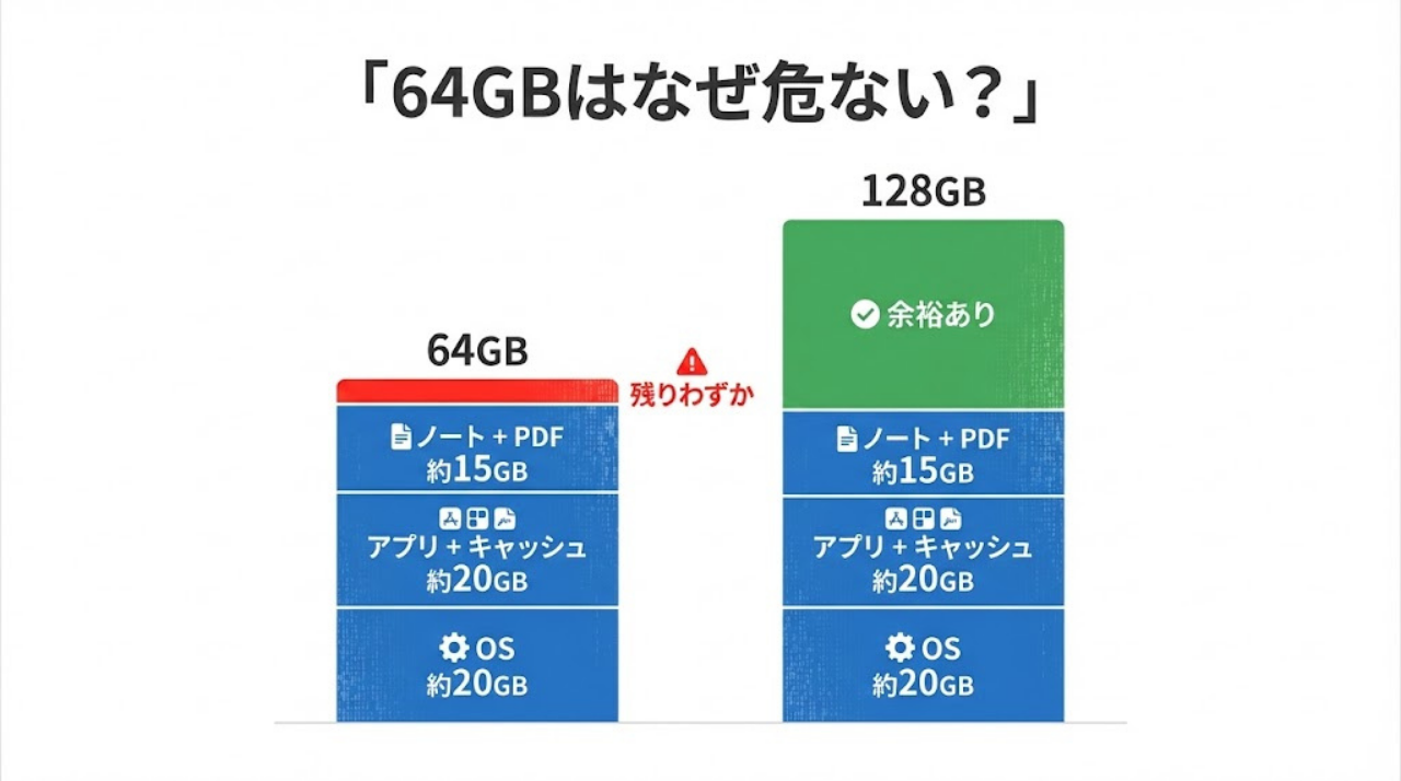 64GBと128GBのiPad容量使用イメージ比較図