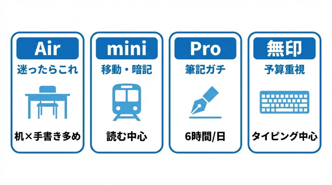 勉強用iPadの結論早見表|Air・mini・Pro・無印の向いている人を一枚で比較