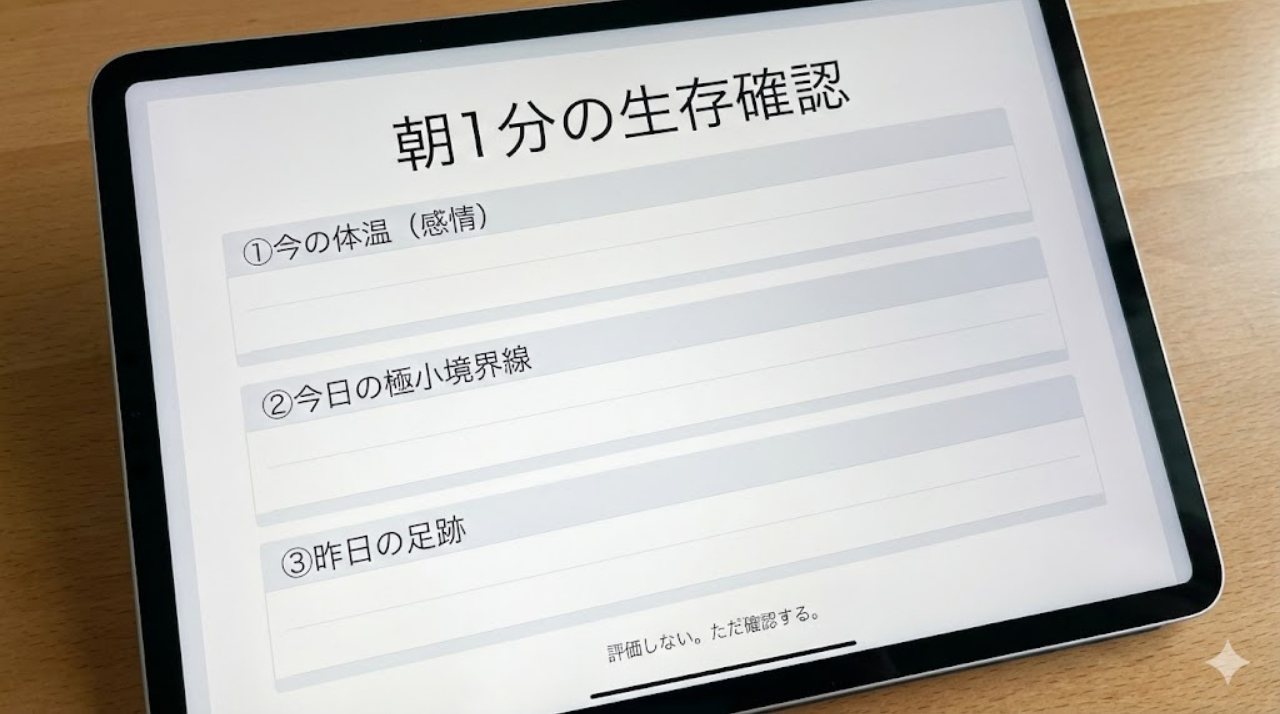 朝1分の生存確認テンプレートを表示したタブレット画面イメージ
