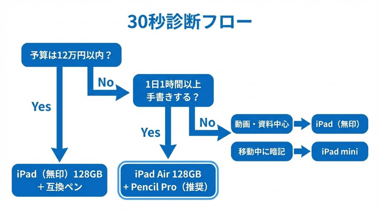 iPad勉強スターターセットの診断フローチャート（予算と勉強時間で分岐）