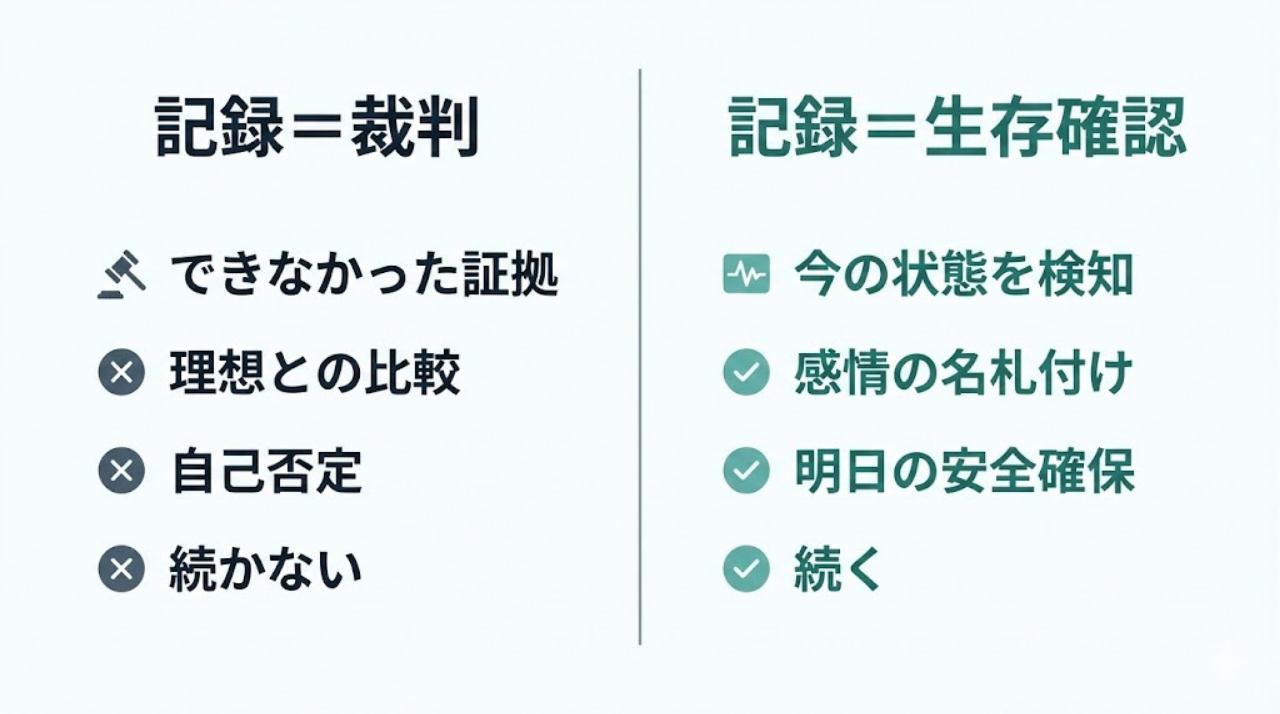 記録を「裁判」と「生存確認」で比較した対比インフォグラフィック