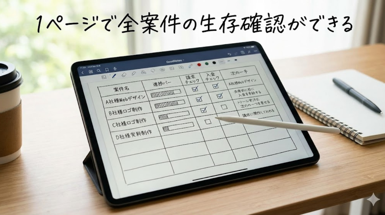 GoodNotesで案件・進捗・請求を1ページで管理している完成イメージ