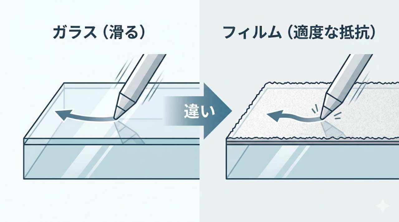 ガラス面とペーパーライクフィルムの書き味比較図